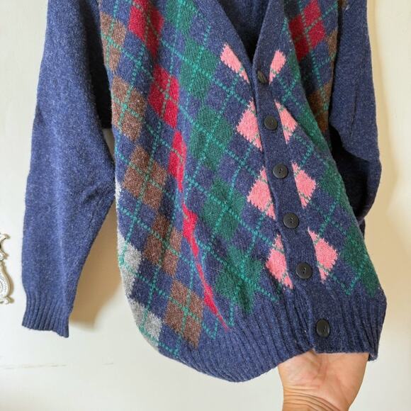 Vintage 80s United Colors of Benetton Wool Argyle Grandpa Cardigan Sweater M - Picture 3 of 6